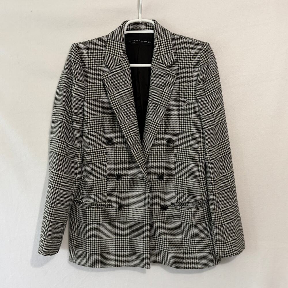 Zara Blazer Womens Size Medium White Black Houndstooth Plaid Double Breasted